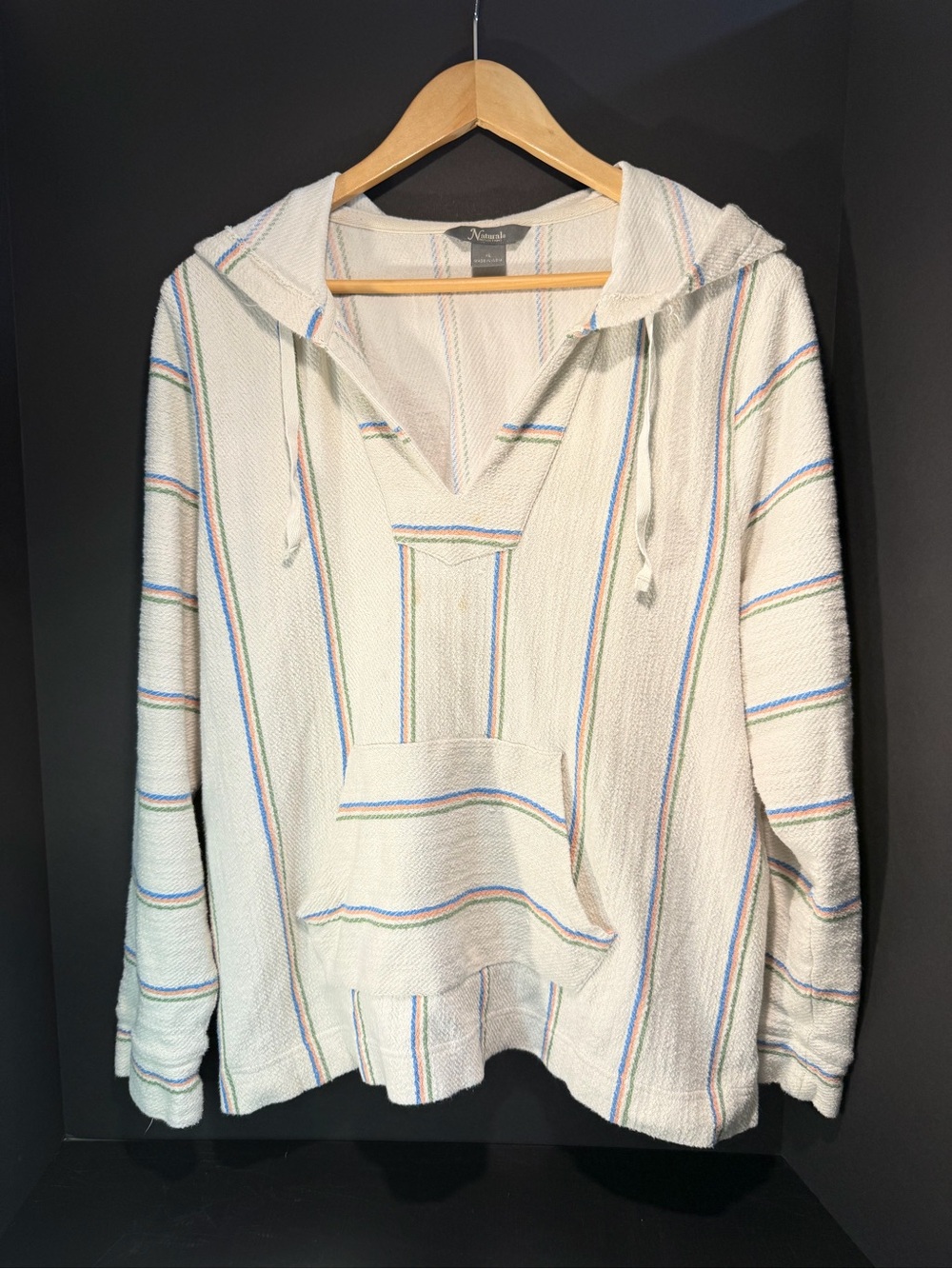 Natural Reflections Cream Hoodie with Subtle Blue, Pink, and Green Stripes